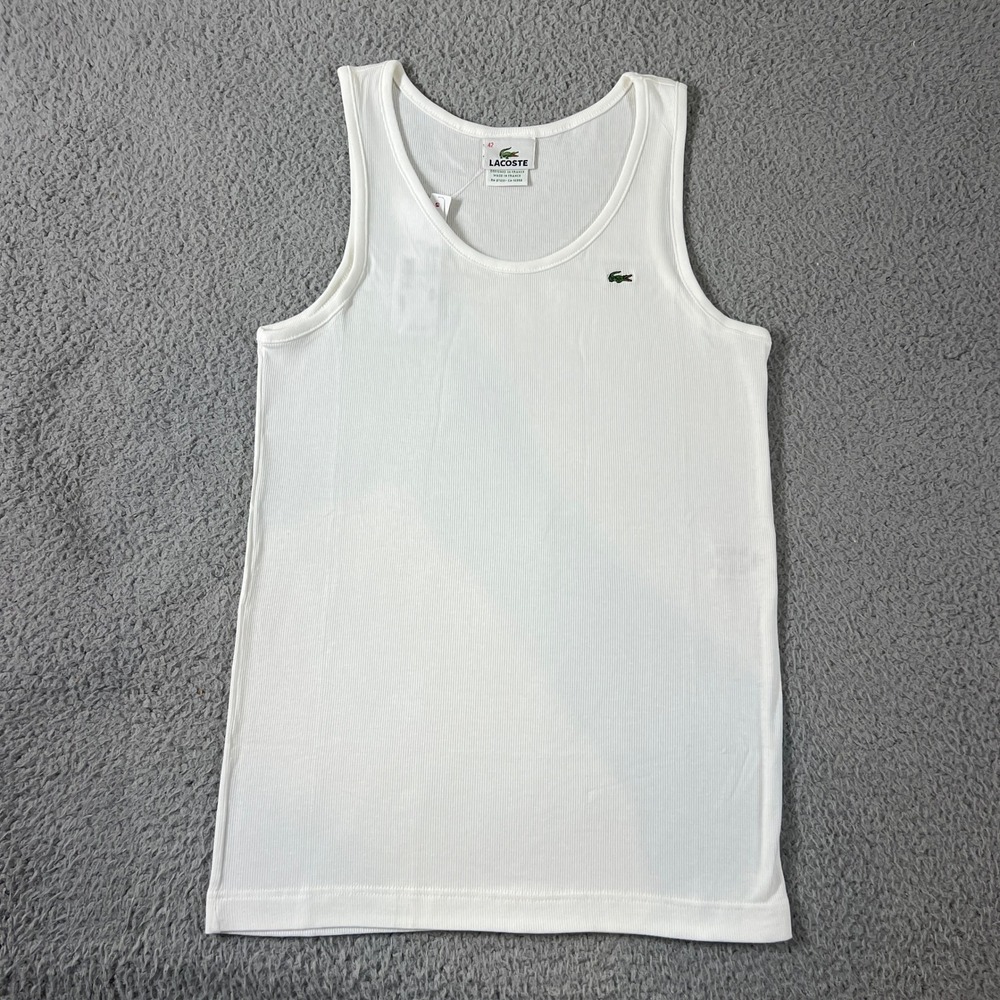 Lacoste Tank Top Women US Size L (EU/10) White Ribbed Cotton Modal Stretch Logo